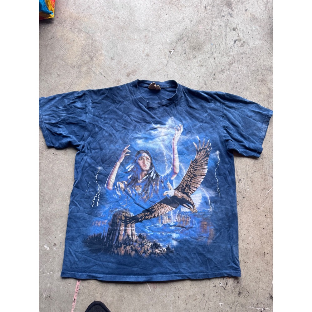 Vintage The Mountain Native American Eagle Lightning Tie Dye T-Shirt Large Blue